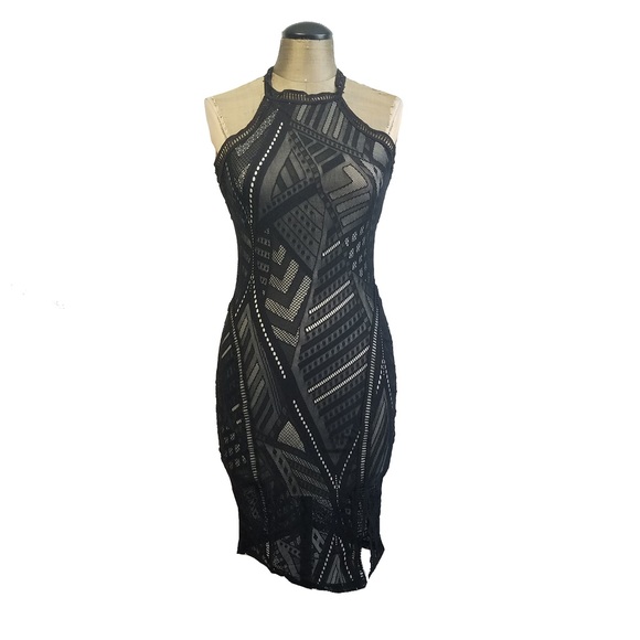 -NEW- Boutique stretch club mini black nude dress - Picture 3 of 8